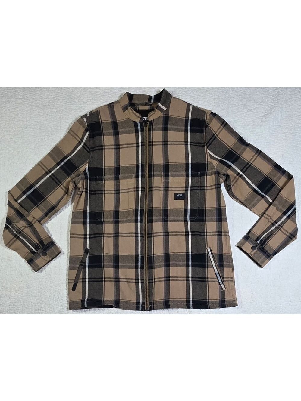 Vans Classic Fit Black And Tan Plaid Flannel Full Zip Shacket Jacket